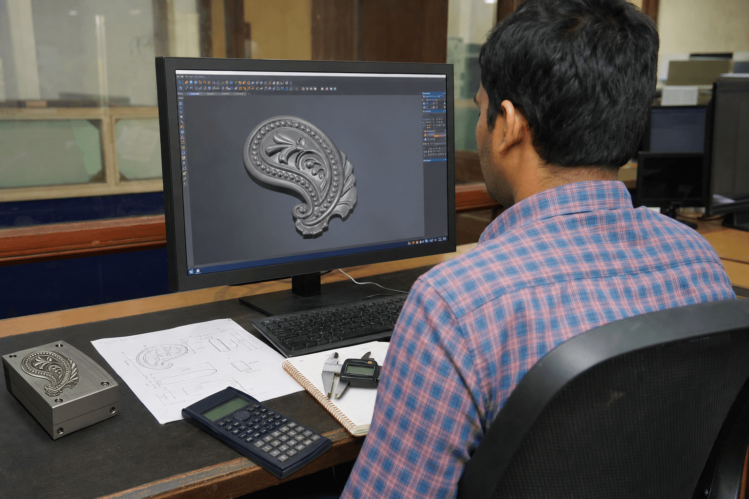 Designer working on 3D jewellery die model in ArtCAM at the design office